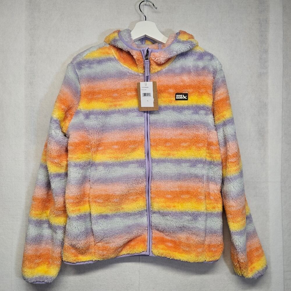 NWT Eddie Bauer Kids Quest Fleece Plush Hooded Jacket Striped Full Zip Youth